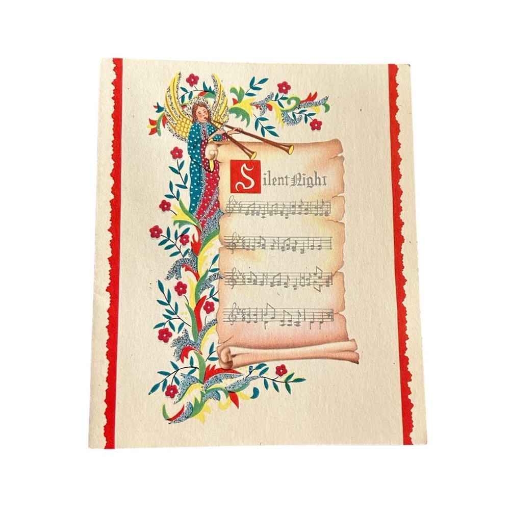 SALE VTG 40s 50s Rynart Christmas Card Silent Night Scroll Angel Retro Ephemera